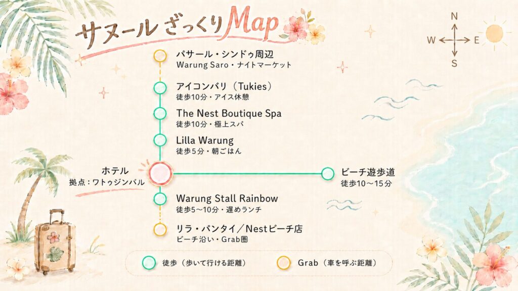 サヌールの主要スポットと徒歩・Grab移動のイメージ地図