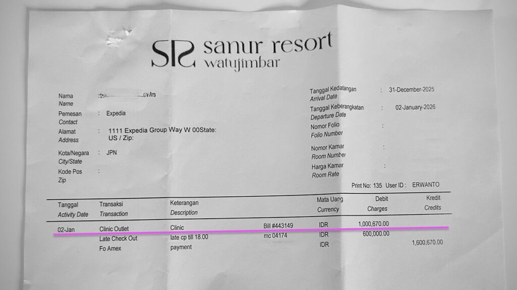 サヌール・リゾート・ワトゥジンバルのチェックアウト領収書、診療費の項目が記載されている

