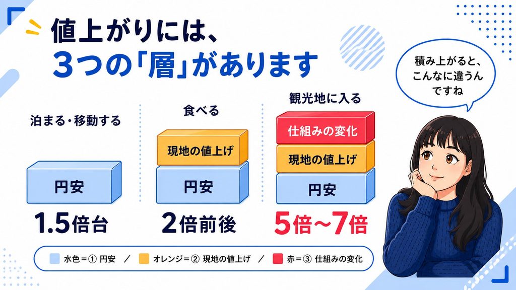 値上がりの3つの層を積み木で示した図。泊まる・移動するは円安の1層だけで1.5倍台、食べるは円安と現地の値上げの2層で2倍前後、観光地に入るは円安と現地の値上げと仕組みの変化の3層で5倍から7倍