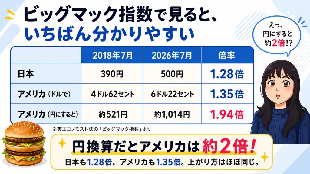 ビッグマック指数の比較表。2018年7月から2026年7月で、日本は390円から500円で1.28倍、アメリカはドルで4ドル62セントから6ドル22セントで1.35倍。しかし円換算では約521円から約1,014円となり1.94倍