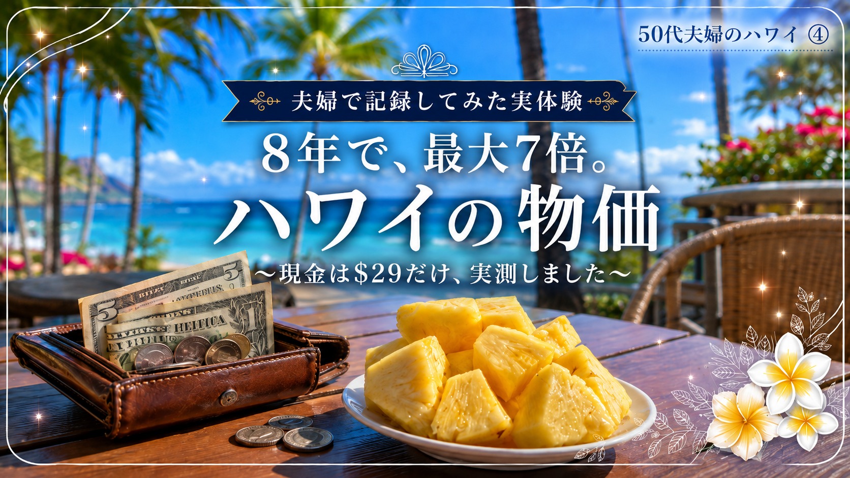財布に入ったアメリカドル紙幣とコイン、カットしたパイナップルが並ぶ南国のテーブル