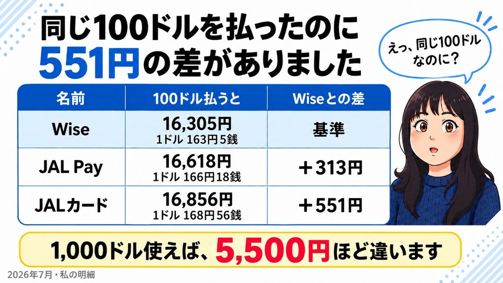 同じ100ドルを払ったのに551円の差があったことを示す表。Wise16,305円（1ドル163円5銭）を基準に、JAL Payは16,618円で313円高く、JALカードは16,856円で551円高い。1,000ドル使うと5,500円ほど違うと赤字で強調（2026年7月・私の明細）