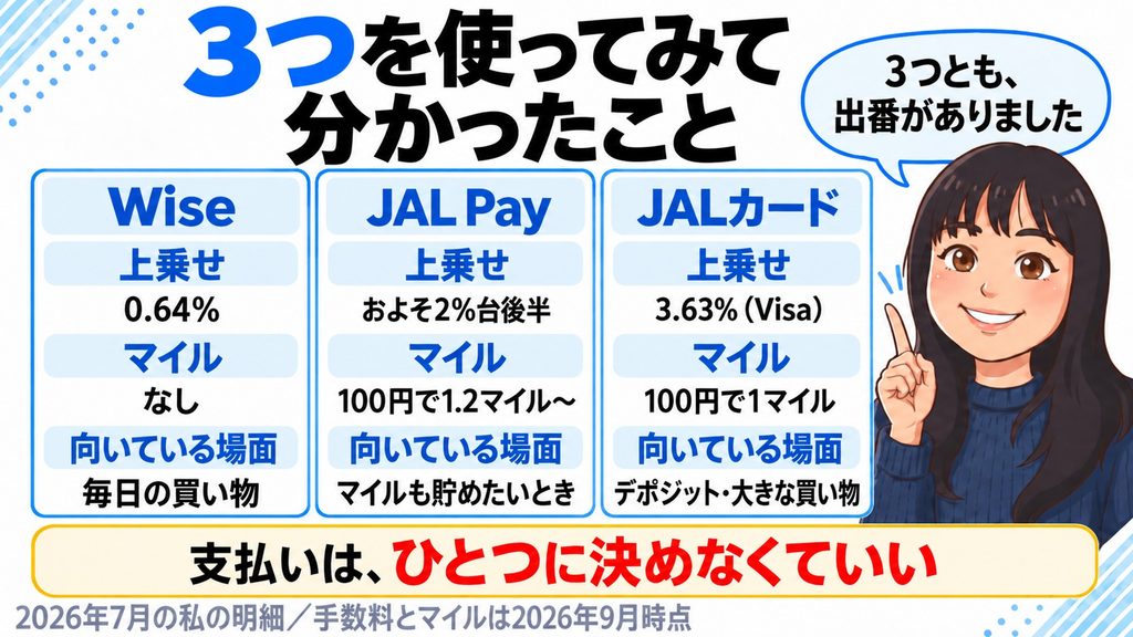 Wise・JAL Pay・JALカードの3つを使ってみて分かったことをまとめたカード。Wiseは上乗せ0.64%・マイルなし・毎日の買い物向き、JAL Payは上乗せおよそ2%台後半・100円で1.2マイル〜・マイルも貯めたいときに向く、JALカードは上乗せ3.63%（Visa）・100円で1マイル・デポジットや大きな買い物向き。支払いはひとつに決めなくていいという結論（2026年7月の私の明細／手数料とマイルは2026年9月時点）