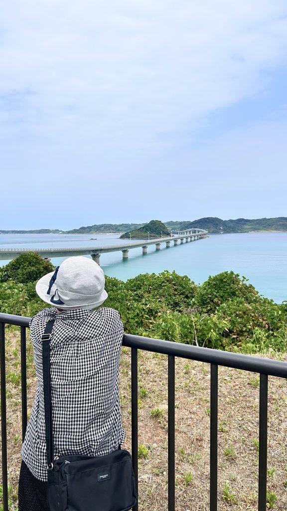 駐車場から角島大橋を眺める祖母の後ろ姿