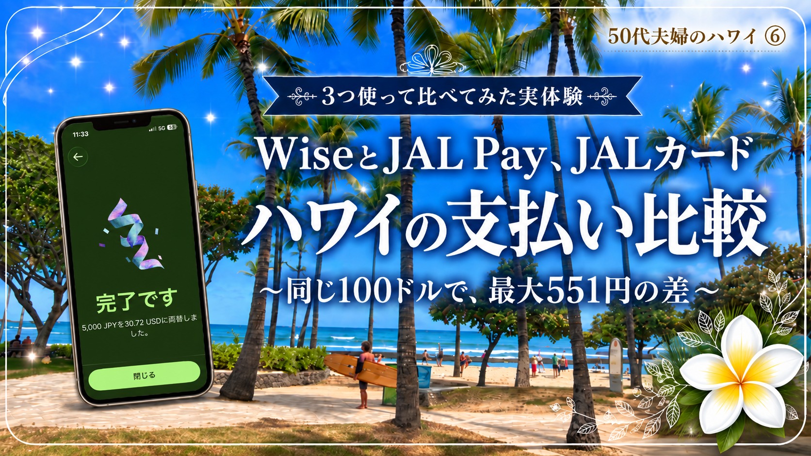 ハワイの青空を背景に、Wiseの両替完了画面が映ったスマートフォンを置いた、支払い比較記事のアイキャッチ