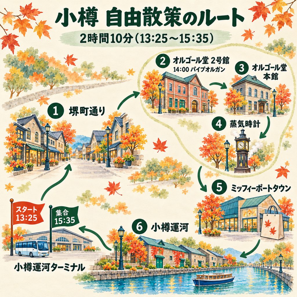 小樽の自由散策のルートを示した、ざっくりした地図。小樽運河ターミナルをスタートして、堺町通り、オルゴール堂の2号館と本館、蒸気時計、ミッフィーポートタウン、小樽運河の順に歩き、運河ターミナルに集合する